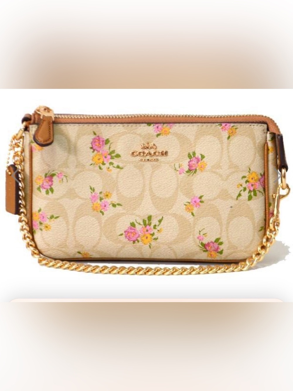 COACH SAND FLORAL SIGNATURE COATED CANVAS MINI POCHETTE/WRISTLET/GOLD HARDWARE